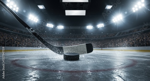 A thrilling ice hockey moment captures a stick striking a puck on the rink, illuminated by bright arena lights, with an energetic crowd enhancing the exhilarating atmosphere.