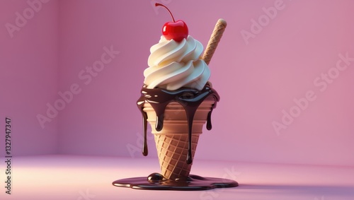 melting ice cream cone topped with chocolate syrup and cranberry on a plain background
