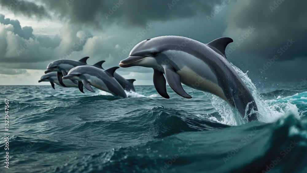 Fototapeta premium A group of dolphins jumping and surfacing in a strait.