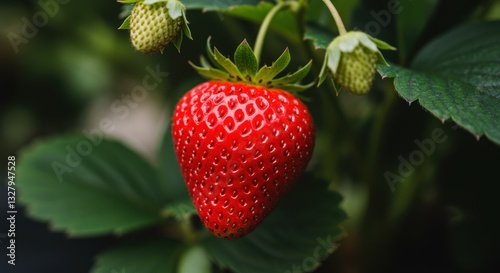 A vibrant red strawberry hangs from its green plant, surrounded by lush leaves and budding fruits, capturing the essence of freshness and natural beauty for food projects.