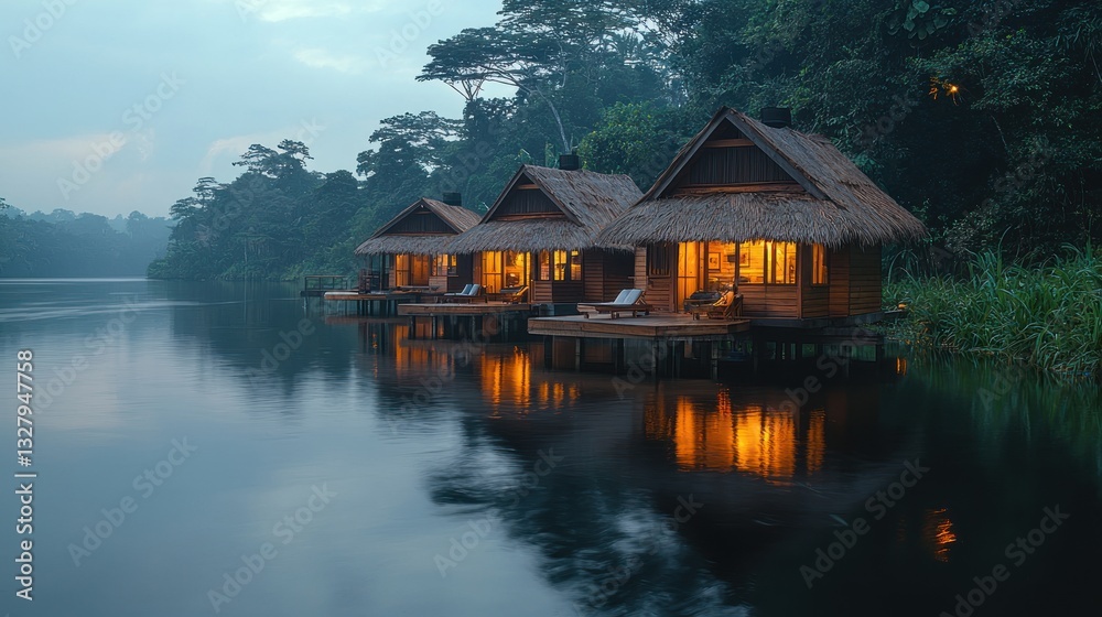 Overwater bungalows lit at dusk, reflecting on calm lake water. Overwater bungalows lit at dusk, reflecting on calm lake water.