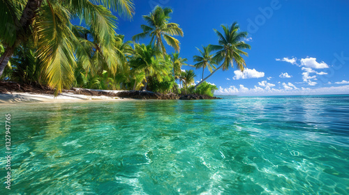 tropical island with clear turquoise waters and palm trees under bright sky