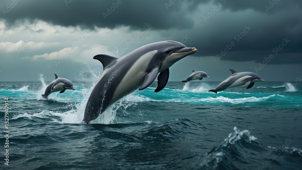 Fototapeta premium A group of dolphins jumping and surfacing in a strait.
