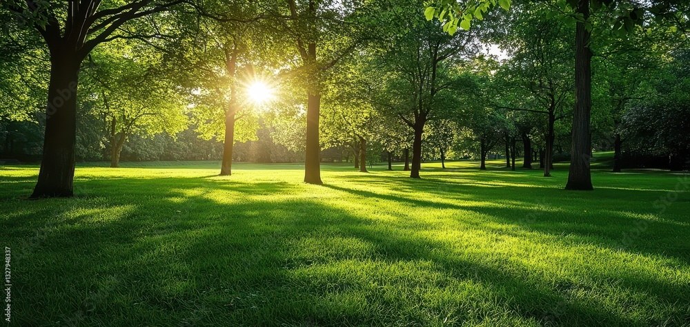 Fototapeta premium Serene Sunlight Filtering Through Trees in a Lush Green Park Landscape During Golden Hour