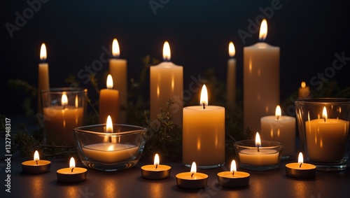 Mourning and commemoration theme - candles glowing in darkness against a backdrop. photo