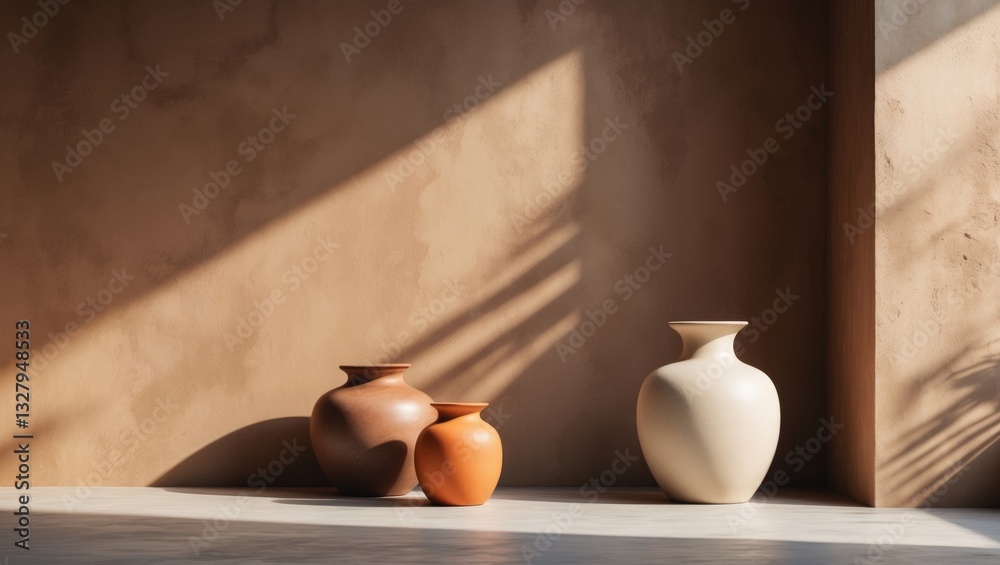 Architecture backdrop featuring clay pots against a concrete wall interior. Summer tropical natural aesthetic design. Cement pastel facade with shadow light. Rustic building space scenario. Minimal...