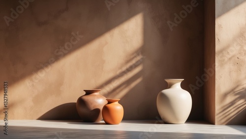 Obraz na płótnie Architecture backdrop featuring clay pots against a concrete wall interior. Summer tropical natural aesthetic design. Cement pastel facade with shadow light. Rustic building space scenario. Minimal... w salonie