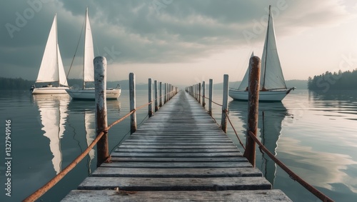 a lengthy pier extending into the lake, stretching far out, boats on the lake