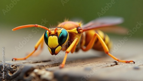 Closeup of the yellow-legged hornet wasp, a newly introduced threat to honeybees.