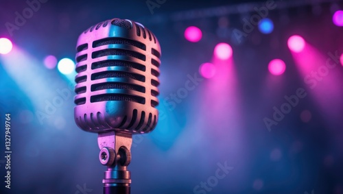Vintage vocal microphone in low light on a concert stage with pink and blue spotlighting. Live music or podcast expansive banner background with space for text.