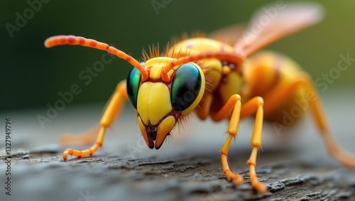 Closeup of the yellow legged Hornet wasp, a newly introduced danger to honeybees.