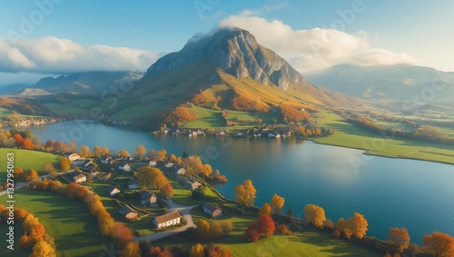 Aerial view. City by the lake. The summit of a mountain. photo