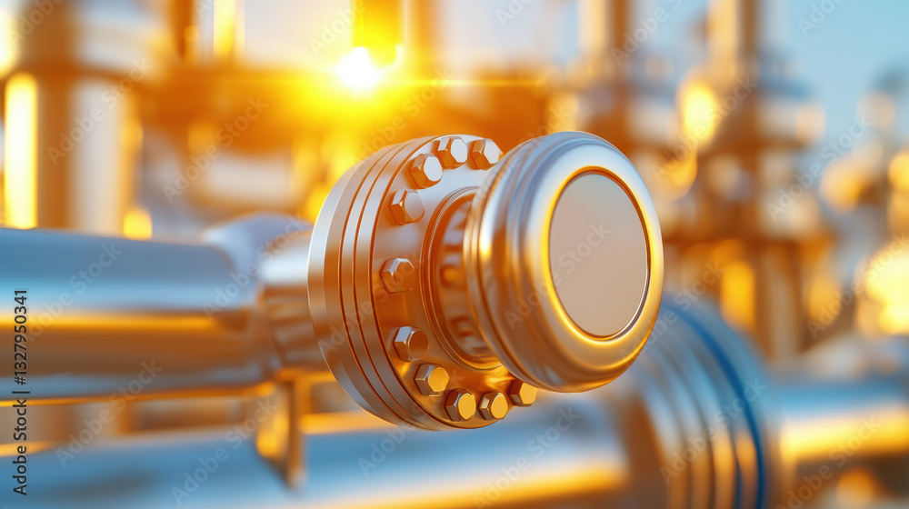 Obraz premium A close-up view of a metallic pipeline component reflecting sunlight, showcasing industrial design and engineering in an oil or gas environment.