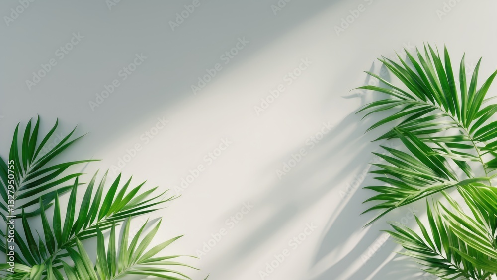 Obraz premium Minimalist backdrop of coconut palm leaves against the wall with shadows.