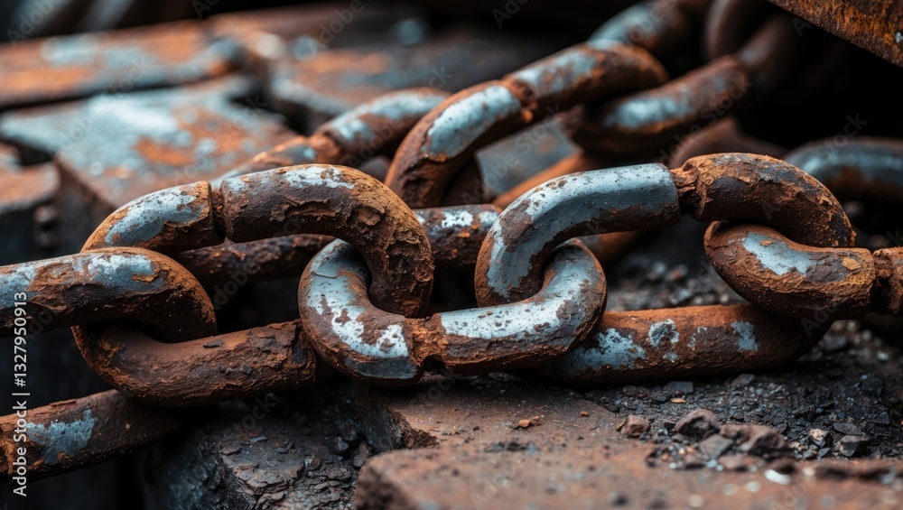 A close-up view of weathered, rusted chain links amidst aged metal surfaces, conveying a sense of industrial decay and history. A close-up view of weathered, rusted chain links amidst aged metal surfaces, conveying a sense of industrial decay and history.