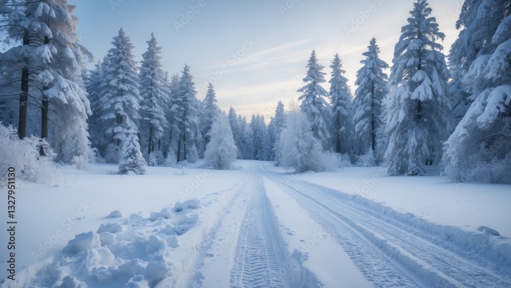 Obraz premium A sweeping view of the trees in the snowdrifts. Enchanting winter forest. Nature winter scenery.