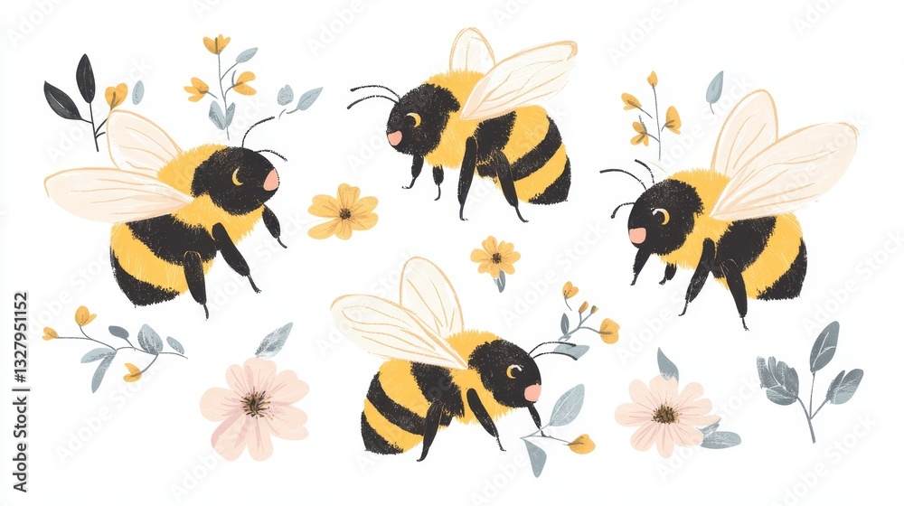 Buzzing Bees Surrounded by Flowers in Cute Hand-Drawn Style Buzzing Bees Surrounded by Flowers in Cute Hand-Drawn Style