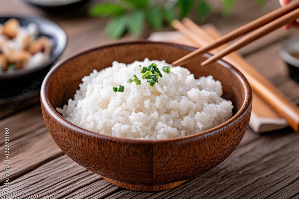 A beautifully arranged bowl of fluffy white rice topped with green ingredients, showcasing culinary artistry and the essence of wholesome, nutritious dining in a rustic setting. A beautifully arranged bowl of fluffy white rice topped with green ingredients, showcasing culinary artistry and the essence of wholesome, nutritious dining in a rustic setting.