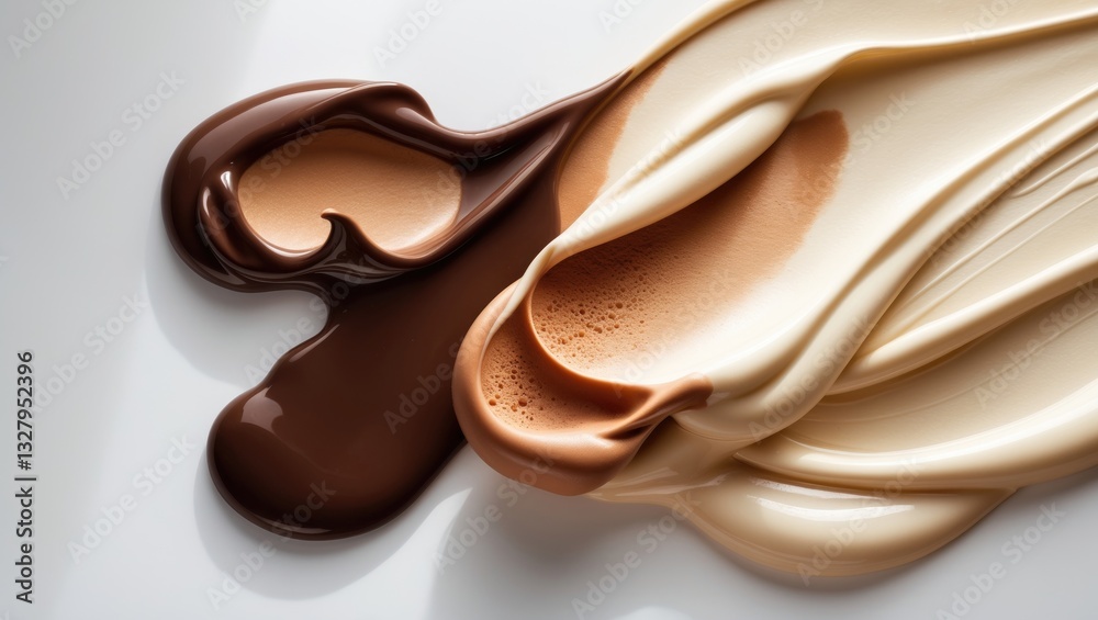 Melted chocolate ice cream isolated, genuine melting cocoa ice cream drops, chocolate ice stain puddle on a white background. Melted chocolate ice cream isolated, genuine melting cocoa ice cream drops, chocolate ice stain puddle on a white background.