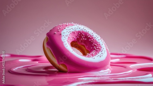 Creative food concept. Pink donut oozes on a pink background. photo