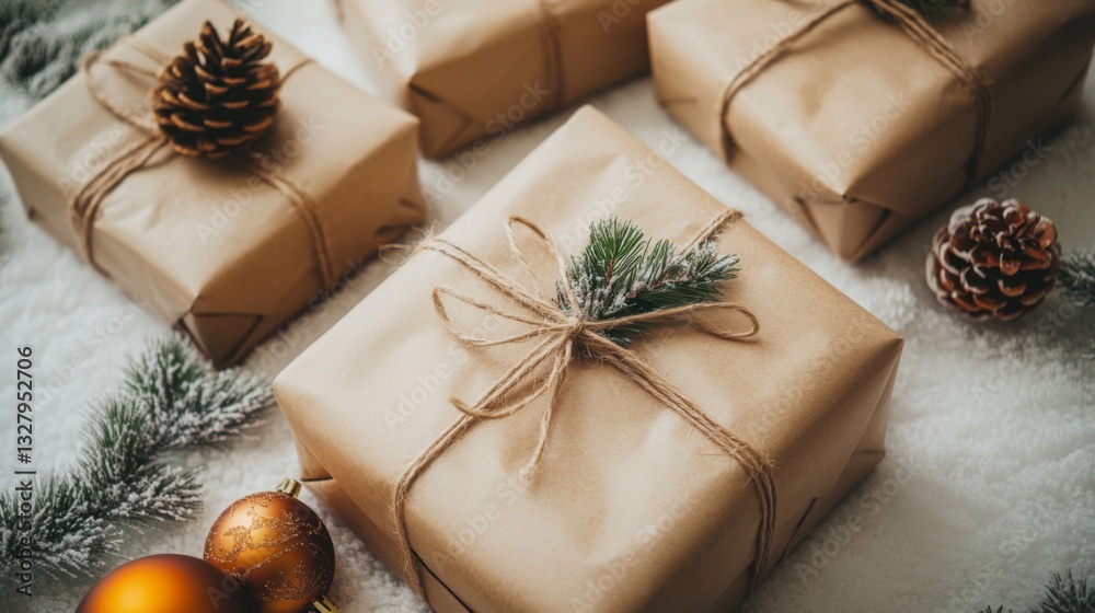 Rustic Brown Paper Wrapped Gifts with Pine Cones and Evergreen Branches on Snow