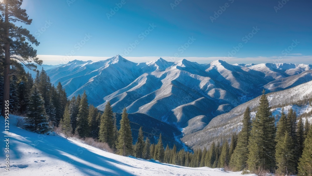A sweeping view of snow-capped northern Front Range mountains, with majestic mountains on the left, during a sunny day.