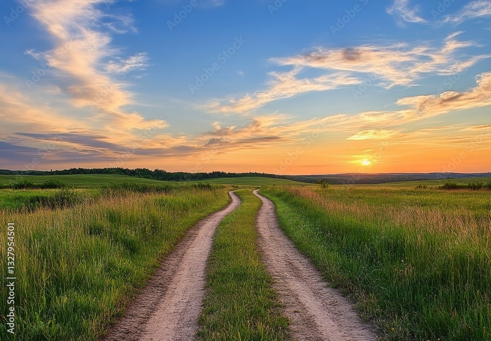 Fototapeta premium Serene Sunset Over Wide Open Fields with Winding Dirt Path Leading to Horizon, Capturing Tranquil Vistas and Beautiful Cloud Patterns in Sky