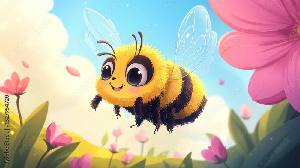 Obraz premium Cute Cartoon Bee Flying Among Colorful Flowers in Sunny Landscape