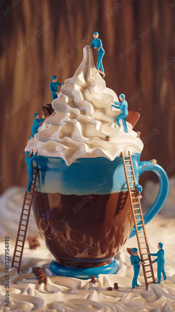 custom made wallpaper toronto digitalCreative food art featuring tiny figurines scaling a giant whipped cream-topped cup of hot chocolate, symbolizing teamwork, imagination, and delicious indulgence.