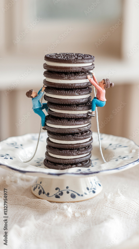 custom made wallpaper toronto digitalWhimsical food photography showing miniature figurines climbing a tower of Oreo cookies, symbolizing adventure, determination, and a love for sweets.