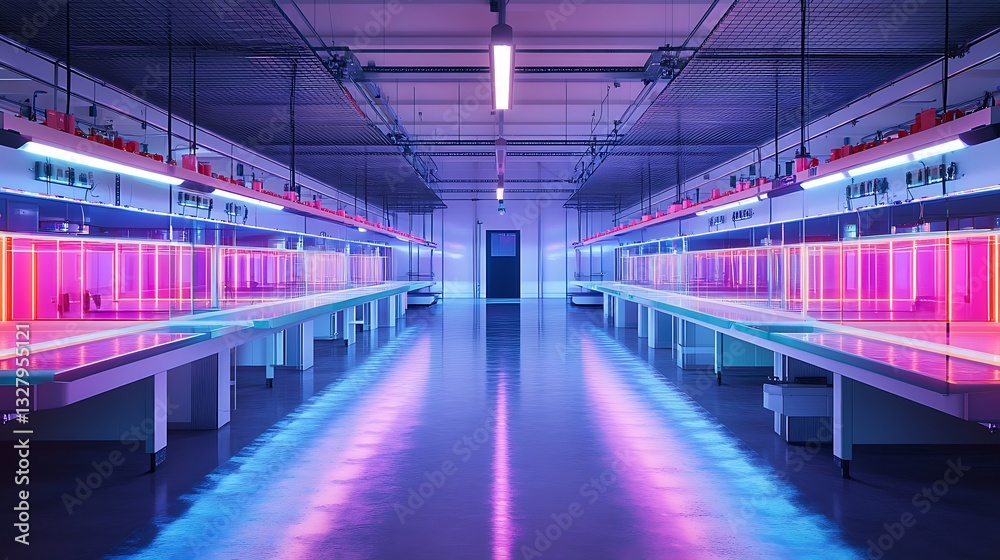 Illuminated Interior with Laboratory Benches and Vibrant Neon Light Reflection Illuminated Interior with Laboratory Benches and Vibrant Neon Light Reflection