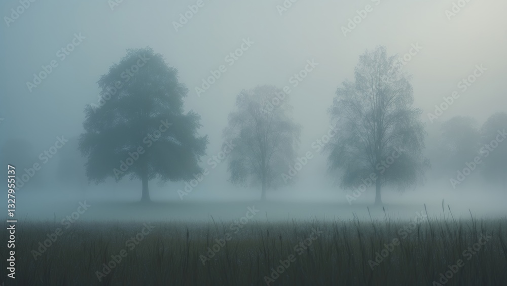 Obraz premium condolence symmetry fog mist melancholic trees landscape loss sad early morning mourning mysterious mystic condolences..A foggy landscape at dawn featuring symmetrical trees evokes a melancholic at...