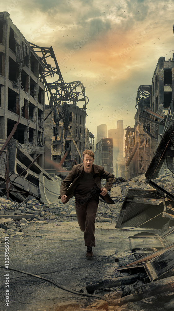 custom made wallpaper toronto digitalMan Walking Through a Destroyed Apocalypse City with a Gloomy Sky - dystopian, survival, dramatic, cinematic, conceptual, end of the world, abandoned, disaster, ruined civilization, hopeless, dark