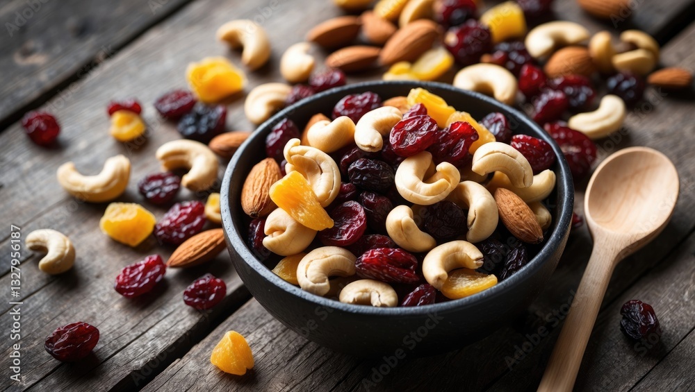 Mix of dried fruits and nuts in a bowl on a table with a spoon. Mix of dried fruits and nuts in a bowl on a table with a spoon.