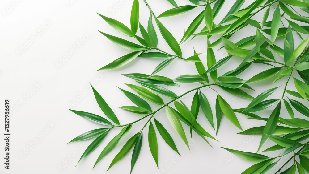 Fototapeta premium Close-up overhead view of bamboo leaves on a white background. Green leaf pattern texture featuring clipping path and space for text.