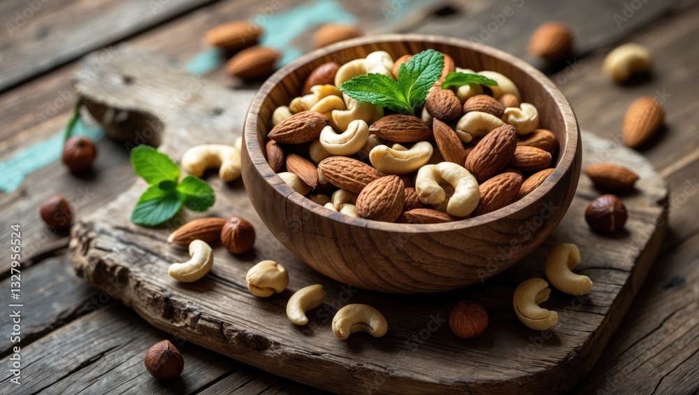 Fototapeta premium Mixed nuts in a wooden bowl placed on an old table, with selective focus.