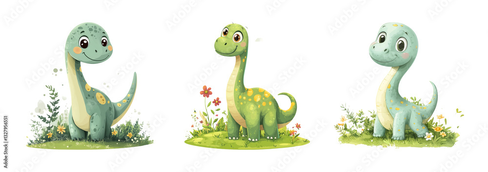Obraz premium Cute and Playful Cartoon Dinosaurs Surrounded by Colorful Nature