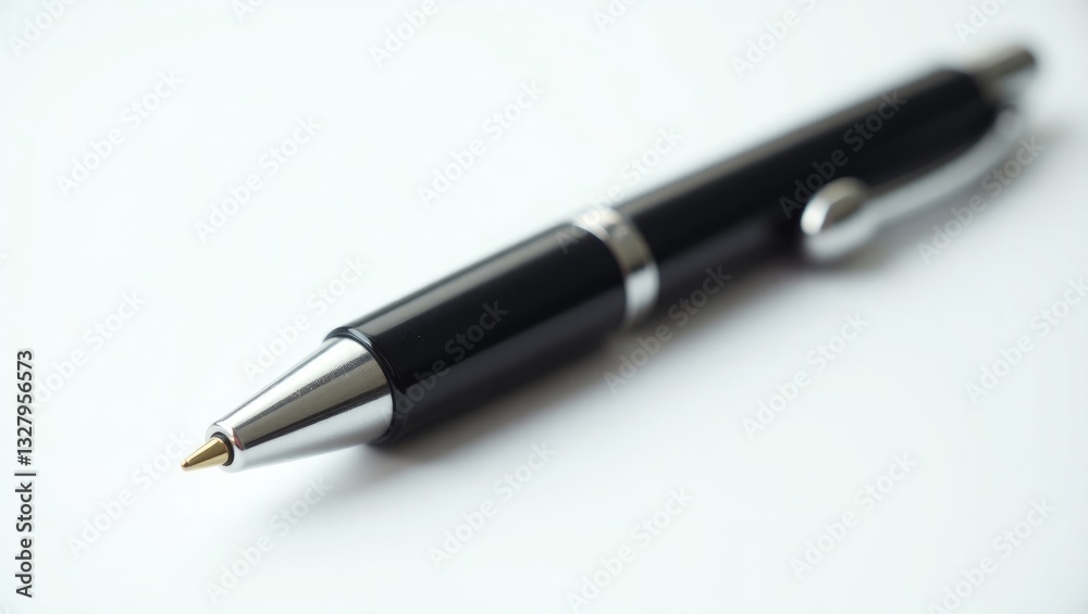 Used metallic black ballpoint pen, isolated against a white background, close-up texture. Used metallic black ballpoint pen, isolated against a white background, close-up texture.