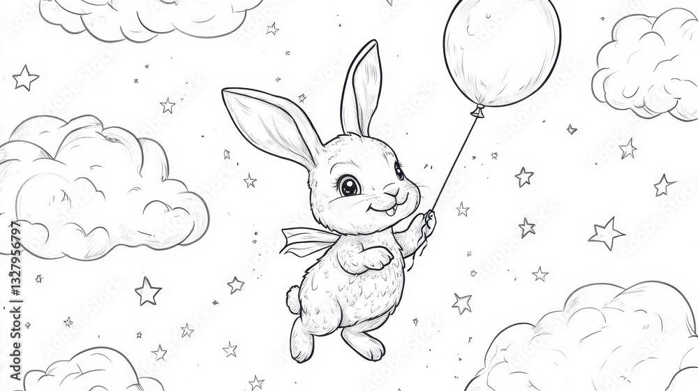 Obraz premium Cute Cartoon Bunny Flying with Balloon in Cloudy Sky Illustration