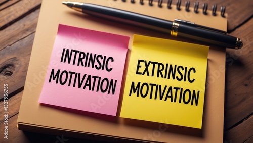 Concept of Intrinsic Motivation and Extrinsic Motivation displayed on sticky notes placed on a Wooden Table.