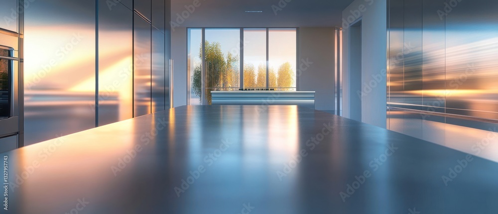 Fototapeta premium Modern Kitchen Interior Design: Sunset Reflection in Stainless Steel