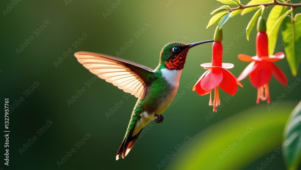 Fototapeta premium Violet-fronted Brilliant Hummingbird in mid-flight gathering nectar from flower in the background.