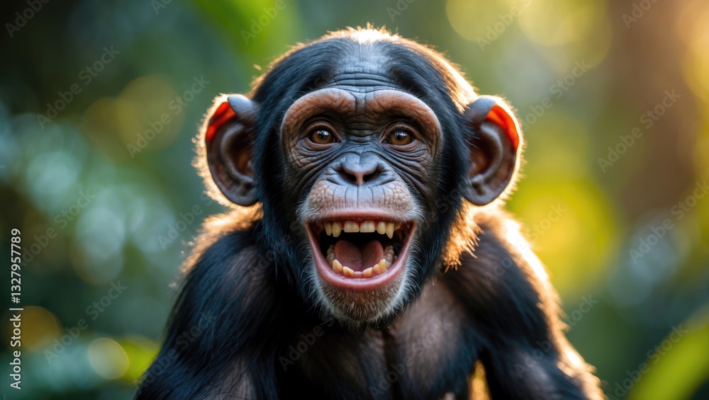 Close-up portrait of a cheerful chimpanzee with a goofy smile, featuring space for text. Close-up portrait of a cheerful chimpanzee with a goofy smile, featuring space for text.