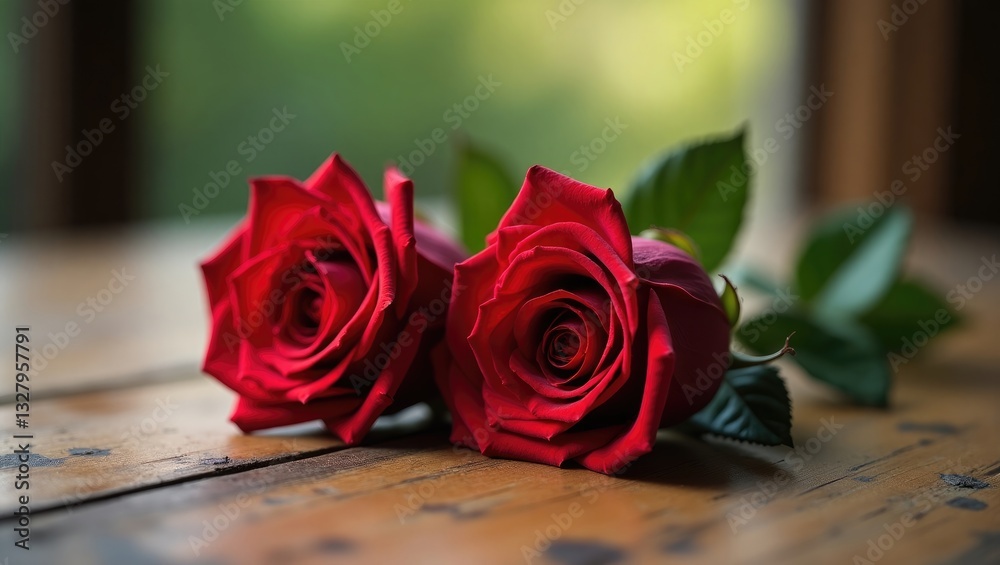 Two red roses resting on a wooden surface. Two red roses resting on a wooden surface.