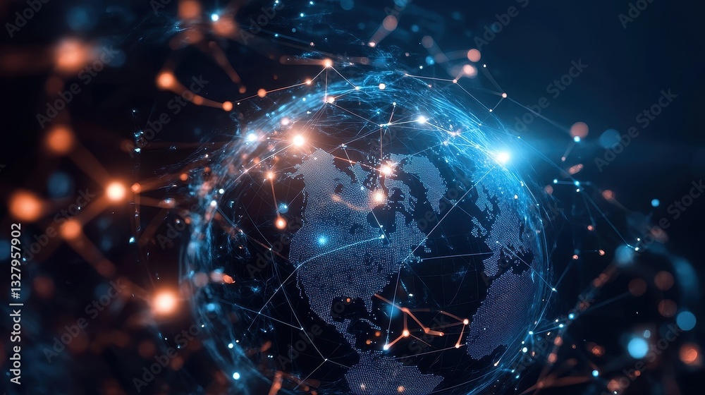 Fototapeta premium Holographic globe with network nodes, world connection, international business.