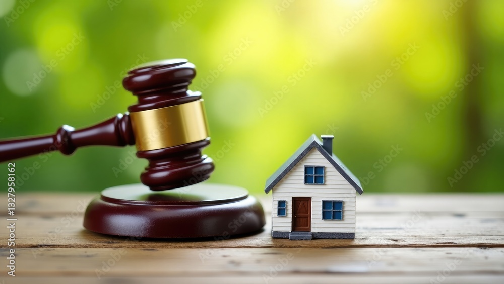 Legal matters in real estate transactions. A small model house alongside a judge's gavel. The convergence of law and real estate concerning various topics such as property rights, contracts, etc. Legal matters in real estate transactions. A small model house alongside a judge's gavel. The convergence of law and real estate concerning various topics such as property rights, contracts, etc.