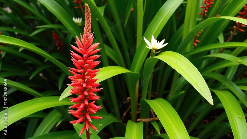 Fototapeta premium Red Scarlet Sage - a striking flowering plant admired for its vivid red, tubular flowers arranged in dense and upright spikes. It blooms in warm conditions and draws hummingbirds, butterflies, and ...