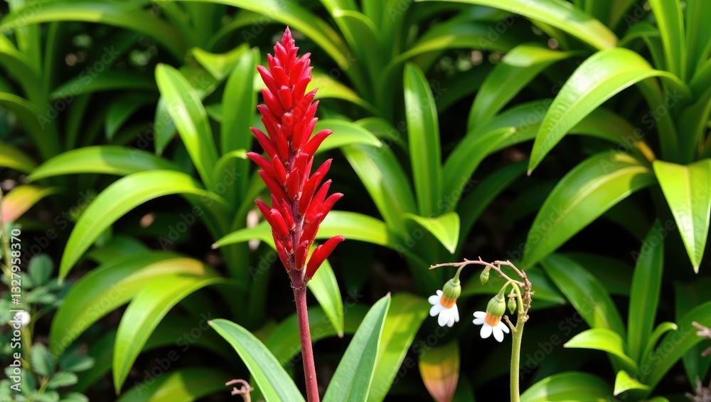 Fototapeta premium Red Scarlet Sage - a vibrant flowering plant admired for its striking red, tubular blossoms arranged in dense and upright spikes. It blooms in warm temperatures and draws hummingbirds, butterflies,...