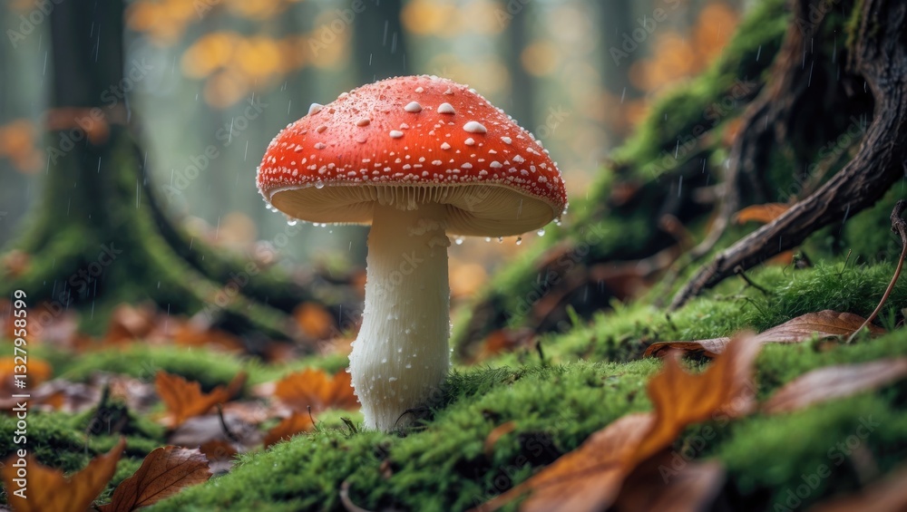 Fototapeta premium close-up perspective of amanita in the autumn forest following rain