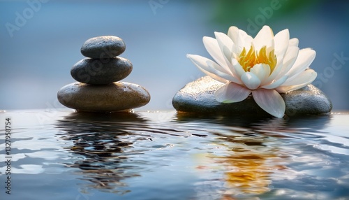 meditative seerose auf gestapelten steinen im wasser mit ruhigen wellen meditative water lily on stacked stones in water with gentle ripples